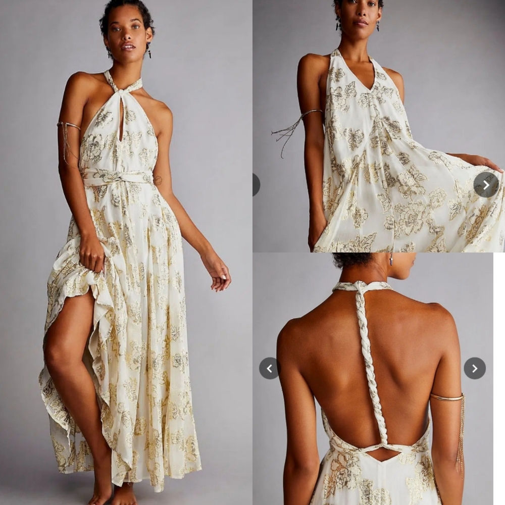 Freepeople Holding on convertible cream and gold maxi dress